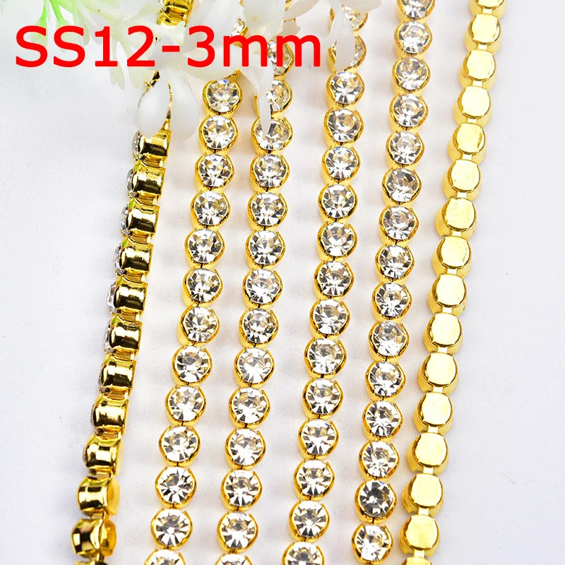 High Quality 10 Yards Rhinestone Gold Claw Chain Sewing 3-6mm Strass Clear Crystal With Silver Base Cup Trim for Wedding Dress