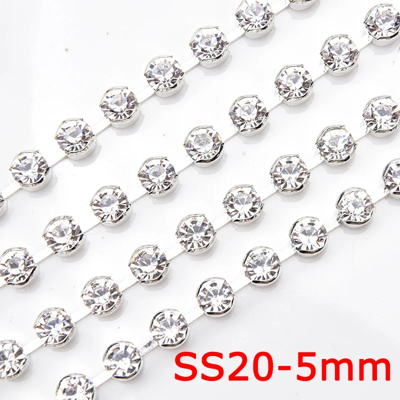 High Quality 10 Yards Rhinestone Gold Claw Chain Sewing 3-6mm Strass Clear Crystal With Silver Base Cup Trim for Wedding Dress