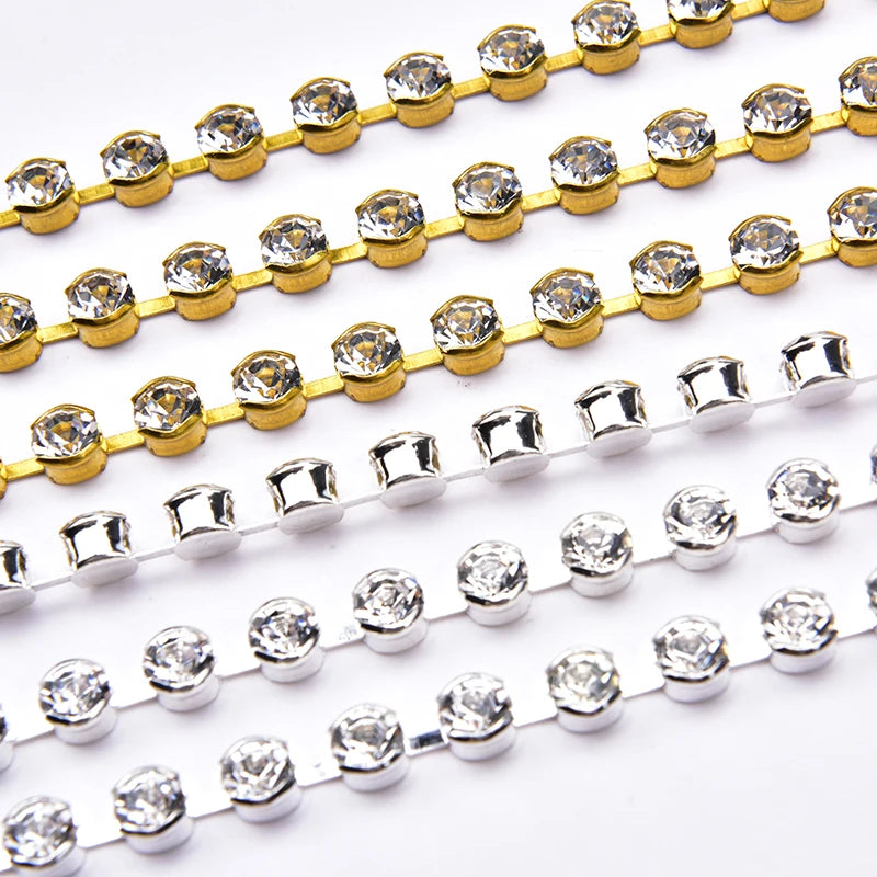 High Quality 10 Yards Rhinestone Gold Claw Chain Sewing 3-6mm Strass Clear Crystal With Silver Base Cup Trim for Wedding Dress