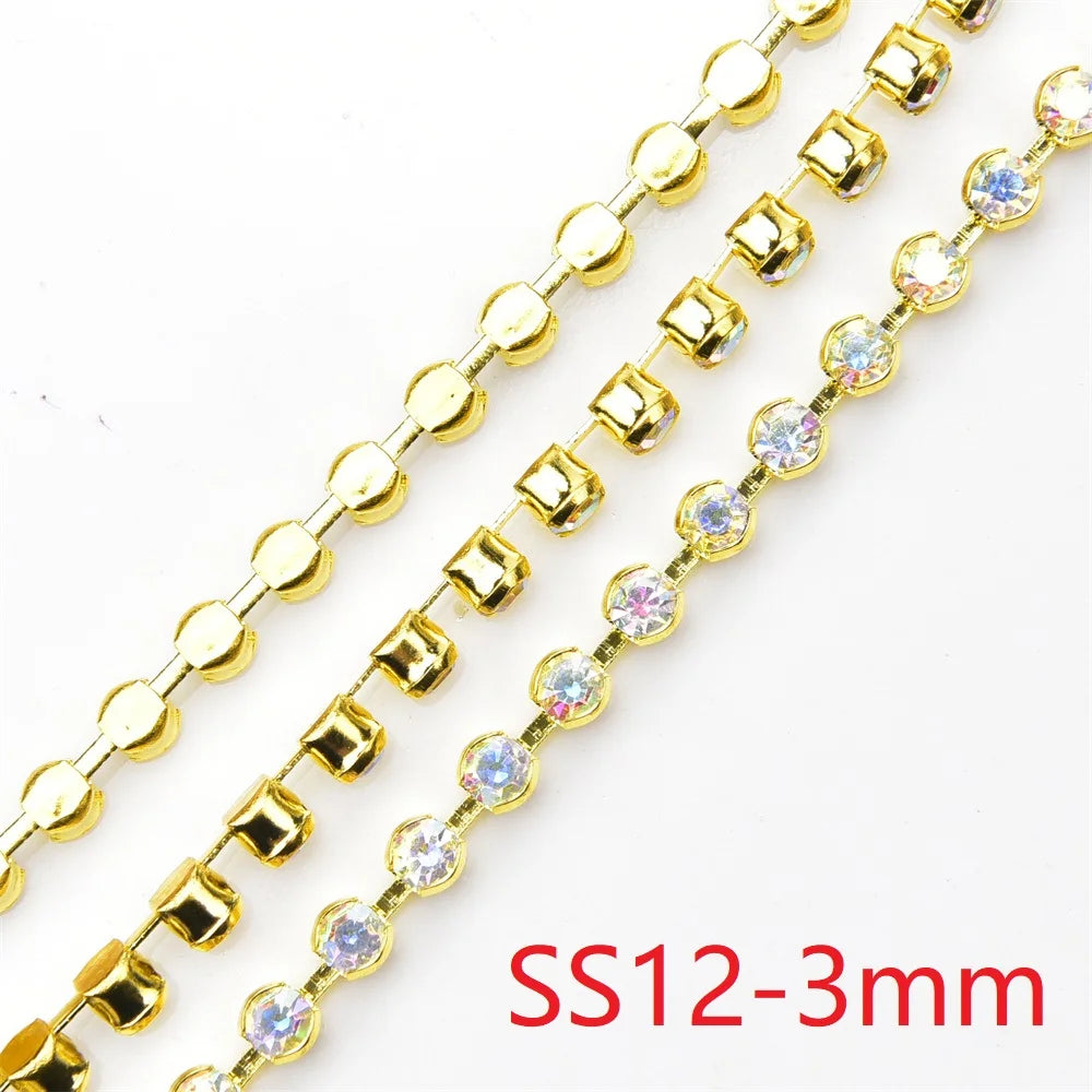 High Quality 10 Yards Rhinestone Gold Claw Chain Sewing 3-6mm Strass Clear Crystal With Silver Base Cup Trim for Wedding Dress