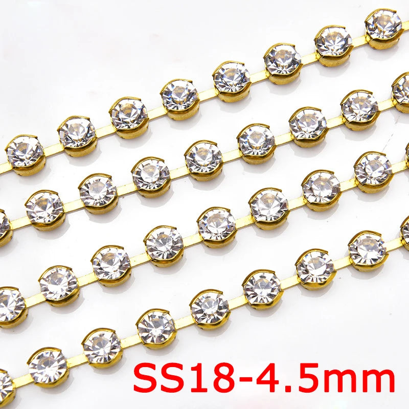 High Quality 10 Yards Rhinestone Gold Claw Chain Sewing 3-6mm Strass Clear Crystal With Silver Base Cup Trim for Wedding Dress