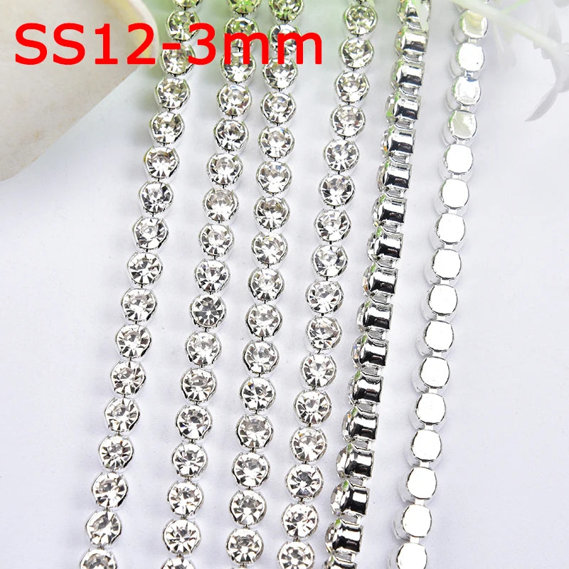 High Quality 10 Yards Rhinestone Gold Claw Chain Sewing 3-6mm Strass Clear Crystal With Silver Base Cup Trim for Wedding Dress