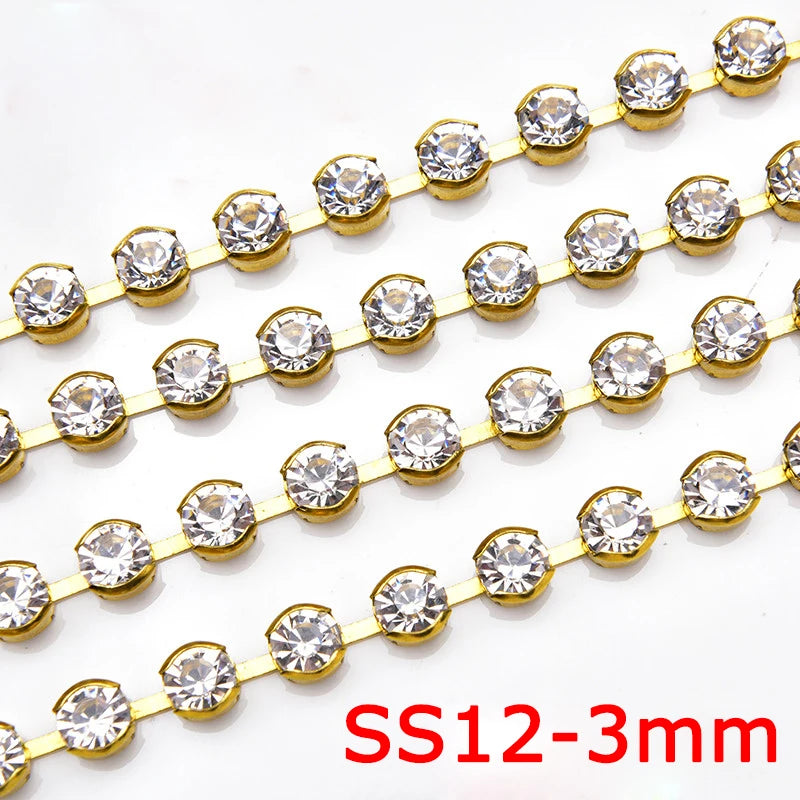 High Quality 10 Yards Rhinestone Gold Claw Chain Sewing 3-6mm Strass Clear Crystal With Silver Base Cup Trim for Wedding Dress