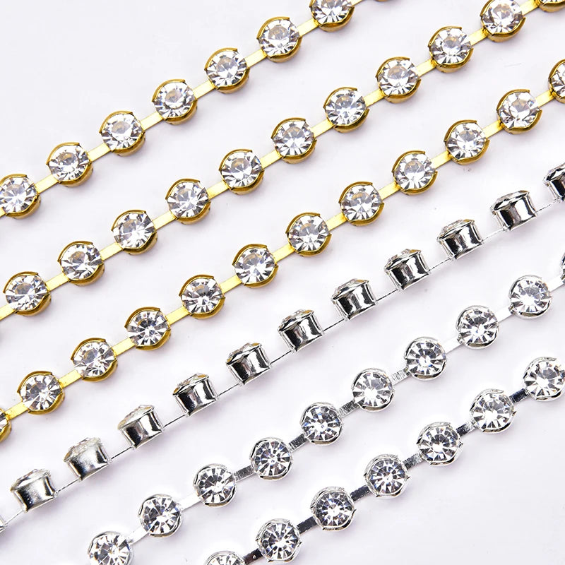 High Quality 10 Yards Rhinestone Gold Claw Chain Sewing 3-6mm Strass Clear Crystal With Silver Base Cup Trim for Wedding Dress