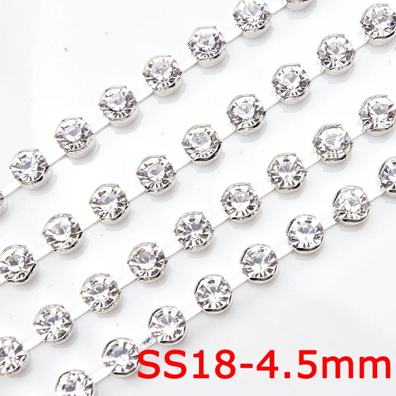 High Quality 10 Yards Rhinestone Gold Claw Chain Sewing 3-6mm Strass Clear Crystal With Silver Base Cup Trim for Wedding Dress