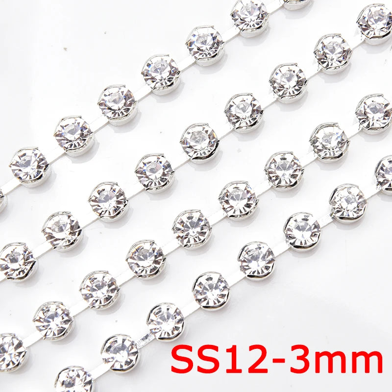 High Quality 10 Yards Rhinestone Gold Claw Chain Sewing 3-6mm Strass Clear Crystal With Silver Base Cup Trim for Wedding Dress