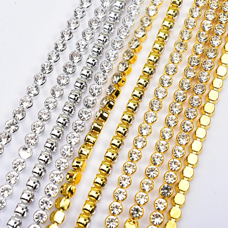 High Quality 10 Yards Rhinestone Gold Claw Chain Sewing 3-6mm Strass Clear Crystal With Silver Base Cup Trim for Wedding Dress