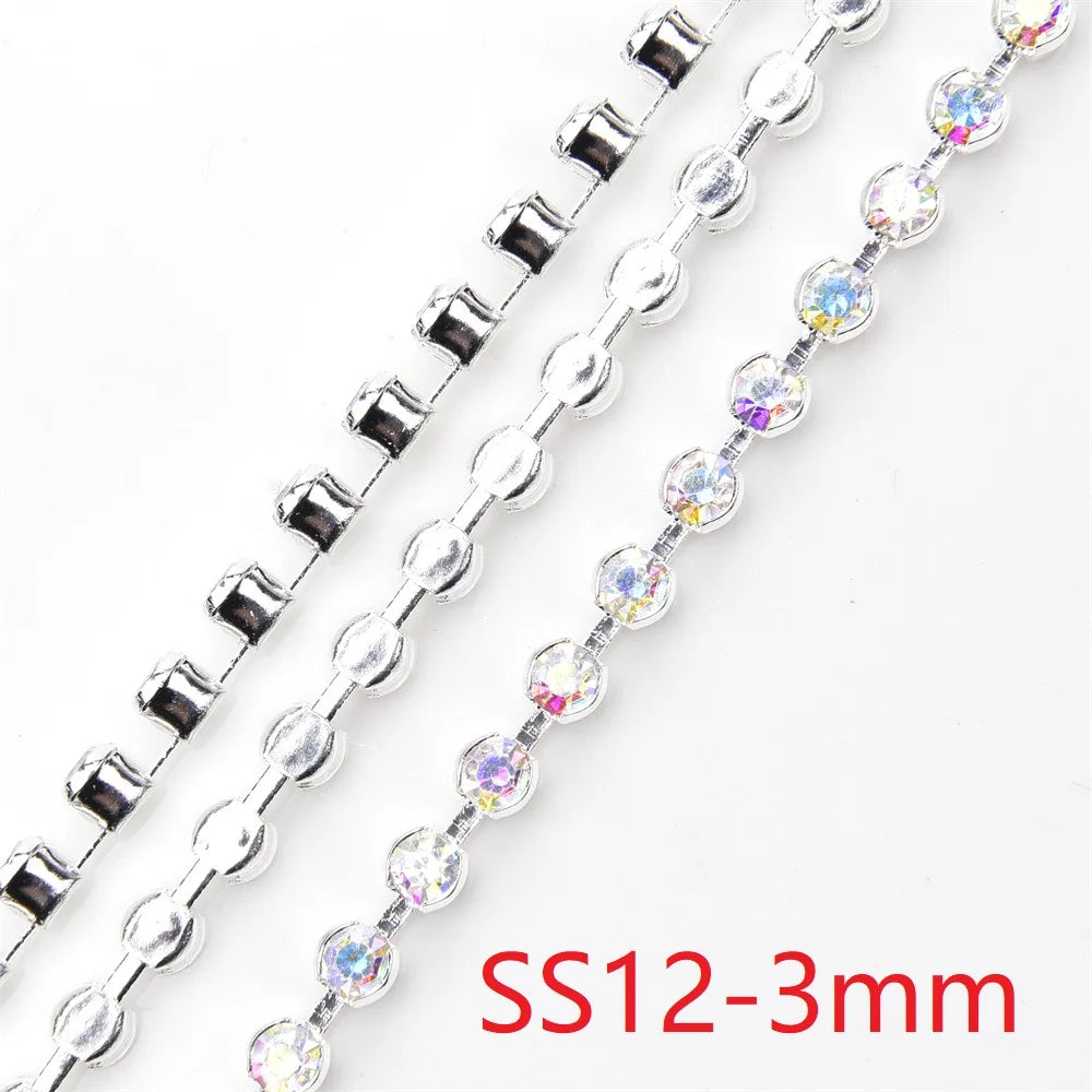 High Quality 10 Yards Rhinestone Gold Claw Chain Sewing 3-6mm Strass Clear Crystal With Silver Base Cup Trim for Wedding Dress