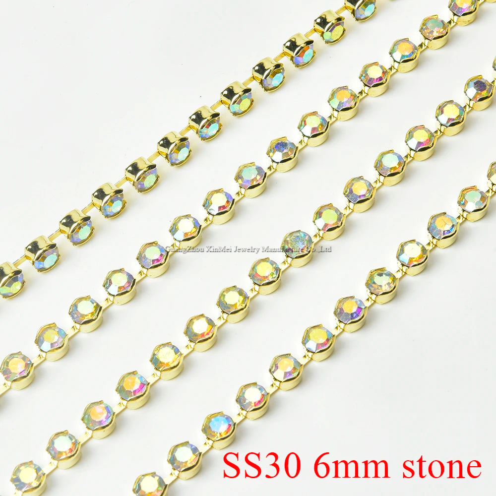 High Quality 10 Yards Rhinestone Gold Claw Chain Sewing 3-6mm Strass Clear Crystal With Silver Base Cup Trim for Wedding Dress