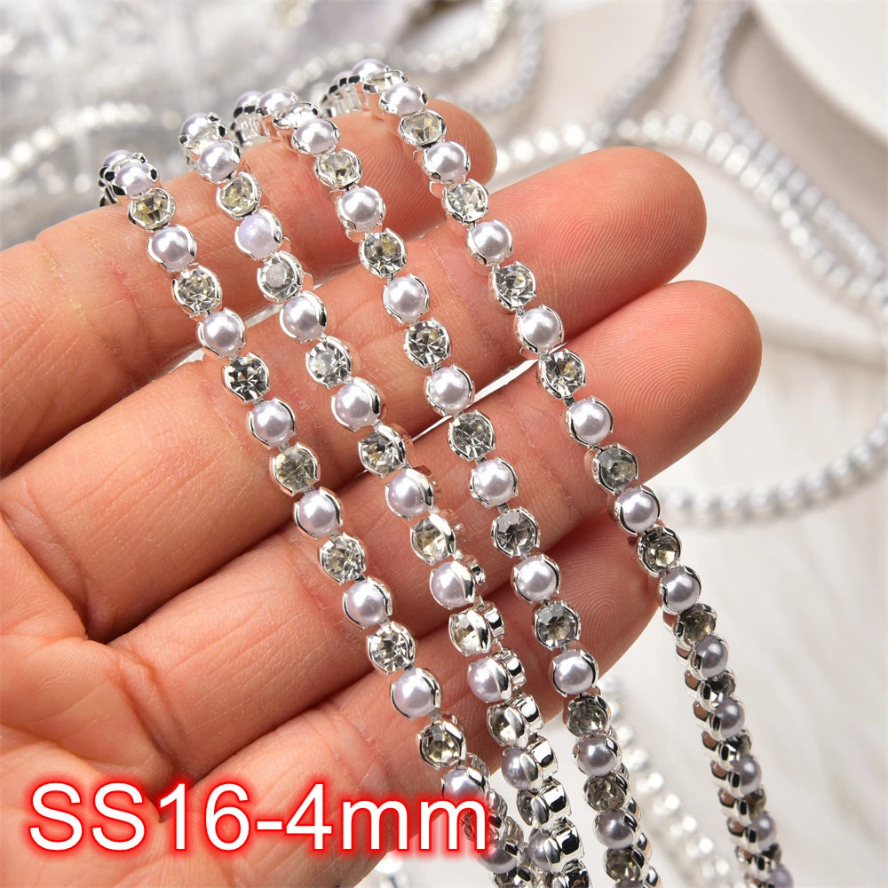 High Quality 10 Yards Rhinestone Gold Claw Chain Sewing 3-6mm Strass Clear Crystal With Silver Base Cup Trim for Wedding Dress