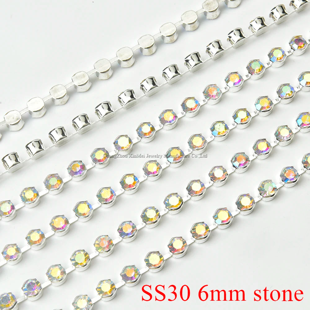 High Quality 10 Yards Rhinestone Gold Claw Chain Sewing 3-6mm Strass Clear Crystal With Silver Base Cup Trim for Wedding Dress